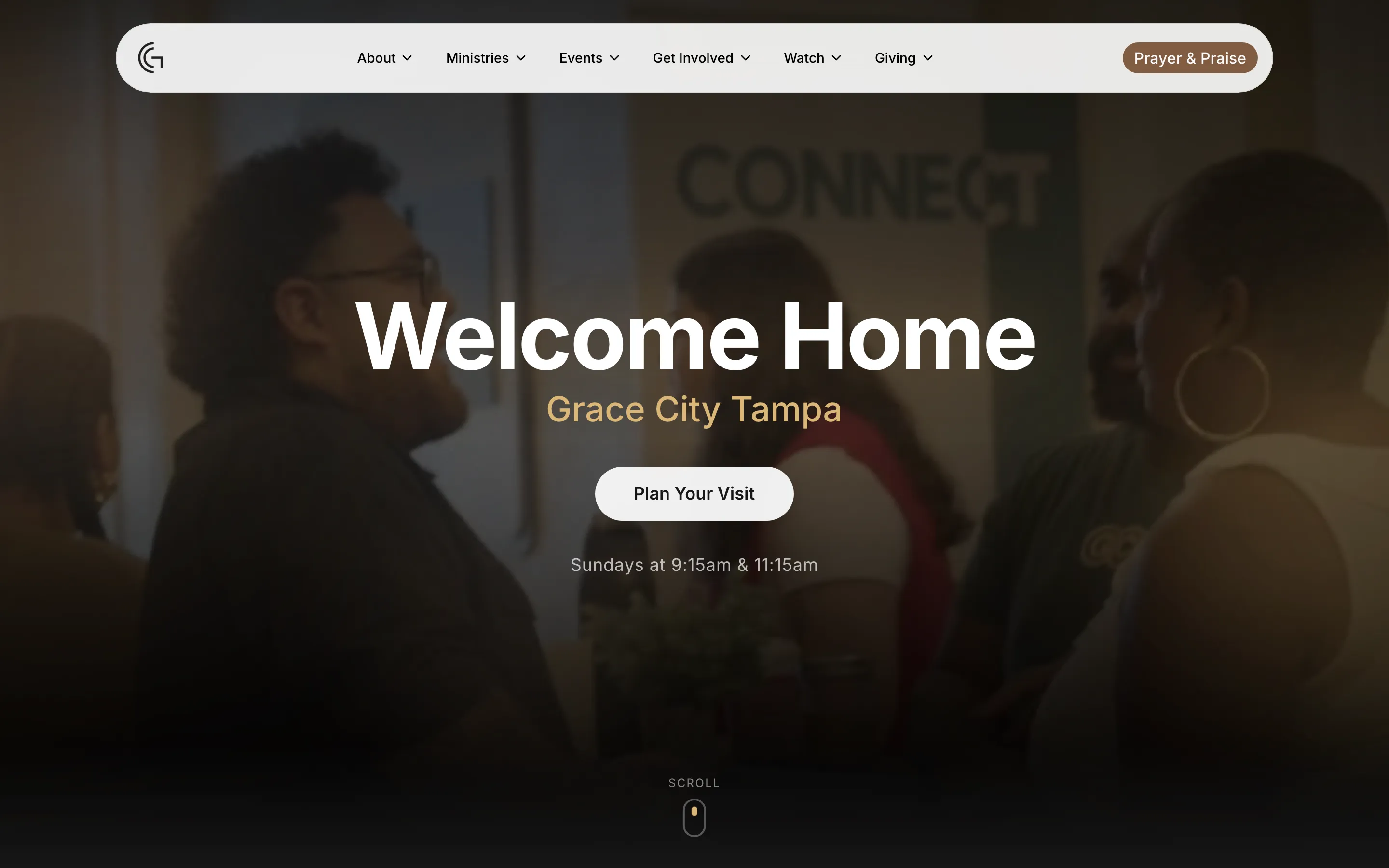 Homepage of the Grace City Church website in Tampa, with a Welcome Home hero and plan-your-visit button