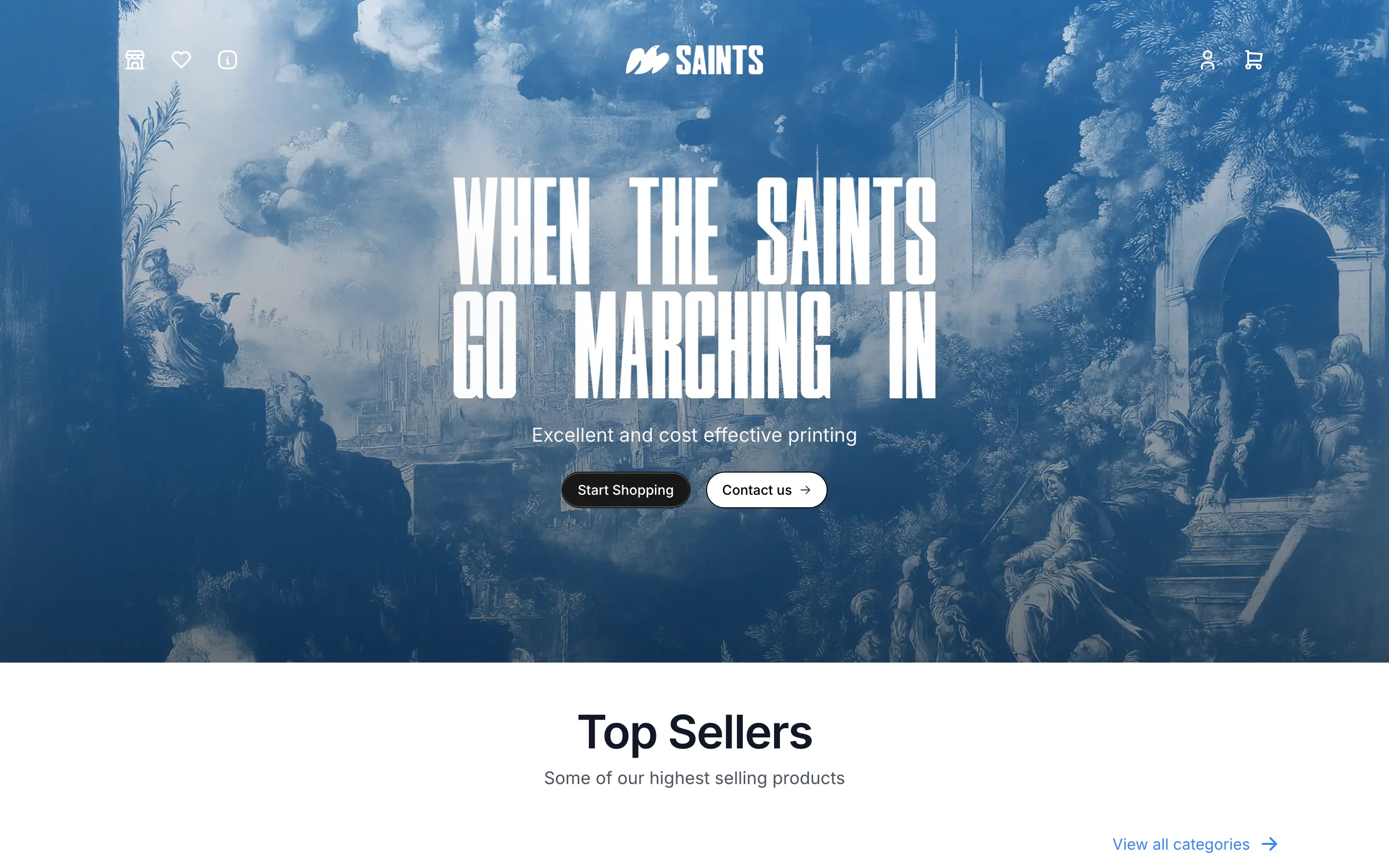 Homepage of the Saints Printing store, with an illustrated hero and top sellers section